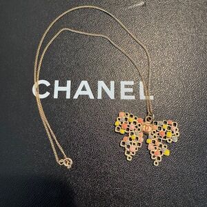Chanel CC Multicolor Bow Pendant Necklace Gold Tone Enamel 03S Authentic CoA